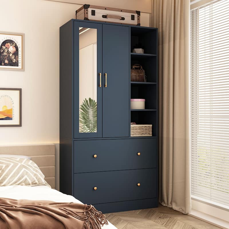 Wardrobe Closet Armoire wi/Mirror & Scalable Hanging Rod Space Saving - Dark Blue