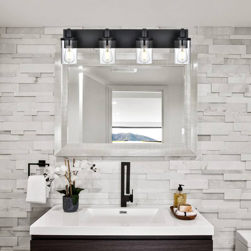 Rustic Wall Light Fixture in Matte Black Finish, 4 Light Bathroom Vanity Lighting with Clear Glass Shade