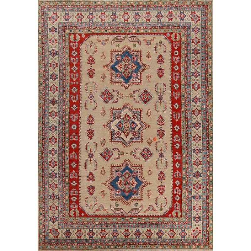 Hand Knotted Oriental 100% Wool Carpet Traditional Geometric Beige & Ivories Kazak Area Rug - 12' 3'' X 9' 0''