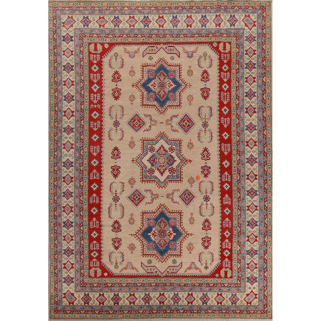 Hand Knotted Oriental 100% Wool Carpet Traditional Geometric Beige & Ivories Kazak Area Rug - 12' 3'' X 9' 0''