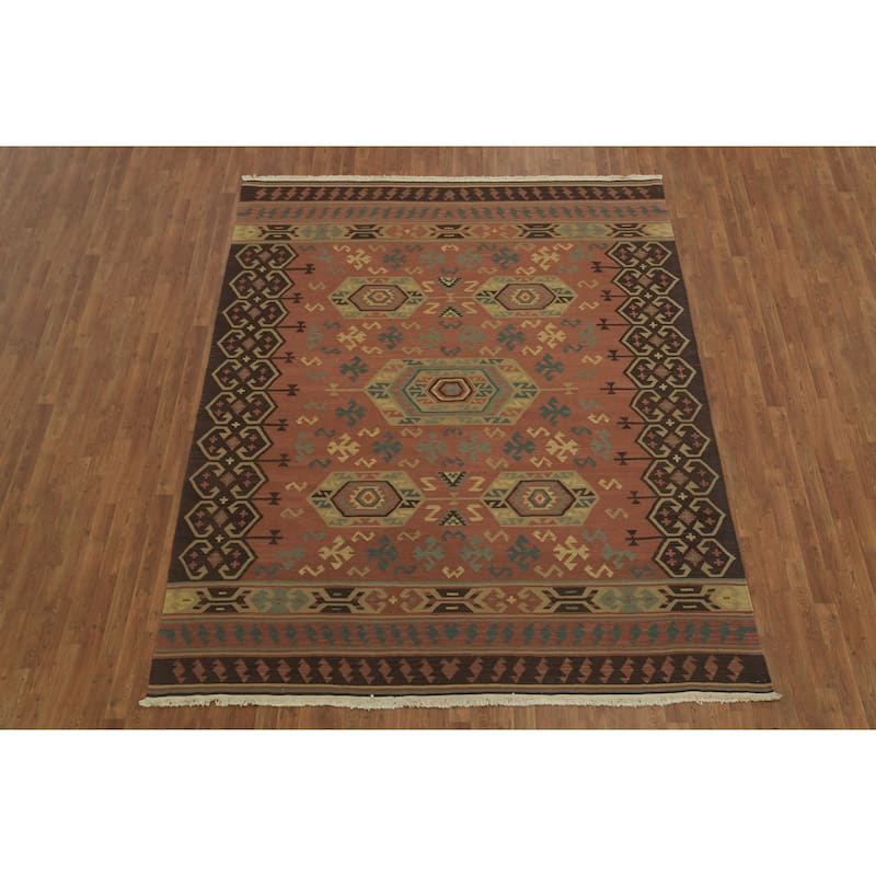 Hand Woven Oriental 100% Wool Carpet Southwestern Tribal Oranges & Rust Kilim Area Rug - 9' 9'' X 7' 9''