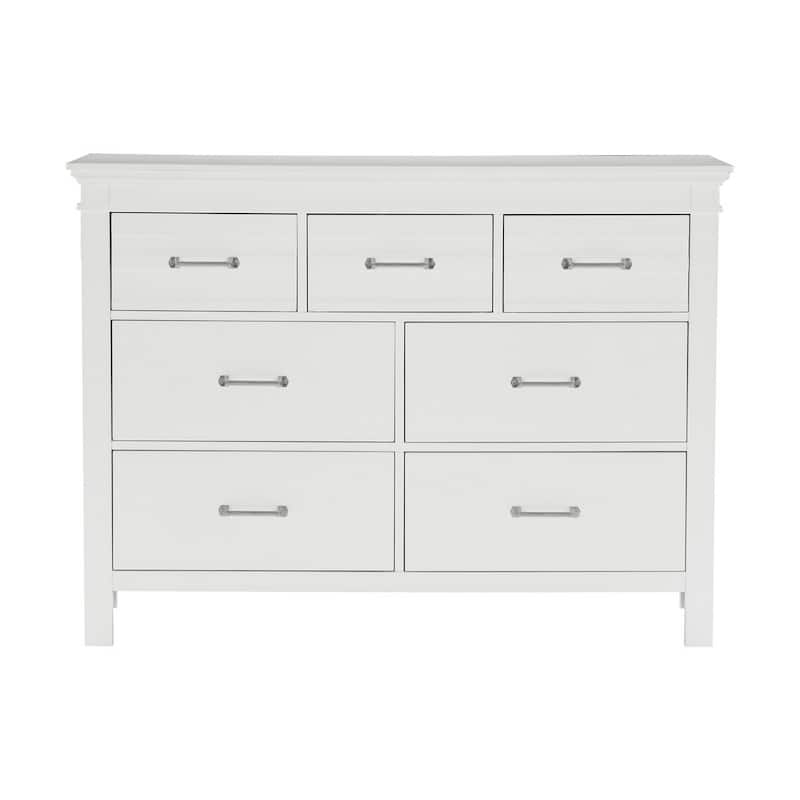Candy 55 Inch Dresser, 7 Drawers, Nickel Bar Handles, White Solid Wood