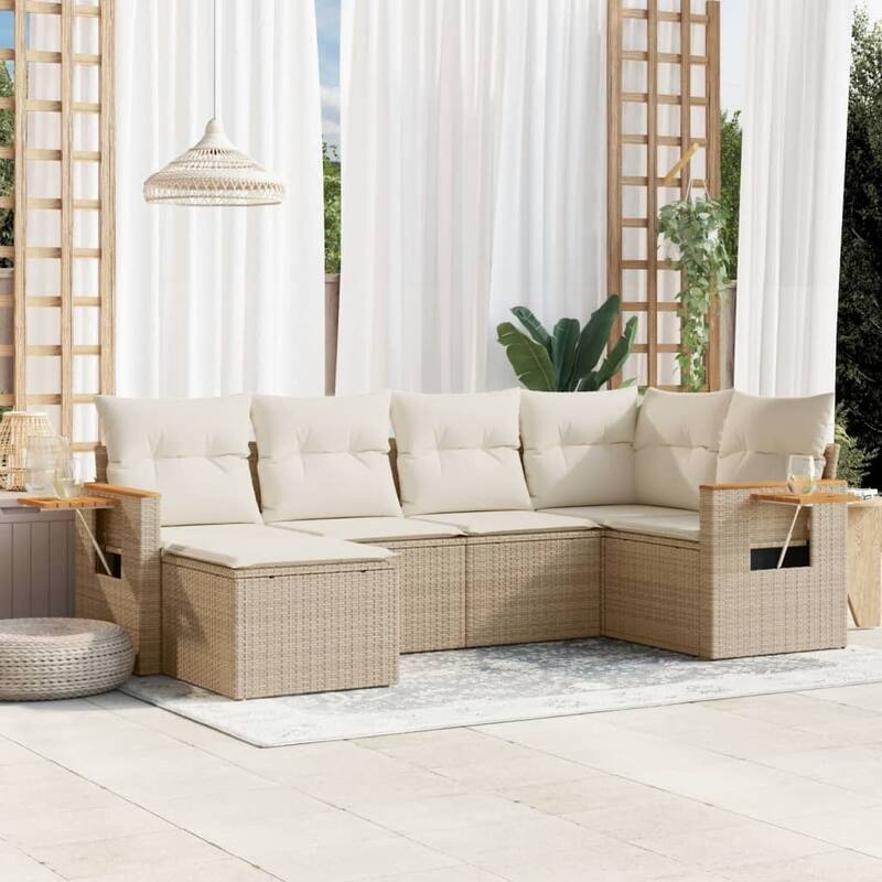vidaXL Patio Sofa Set with Cushions Outdoor Conversation Furniture Poly Rattan - Beige and cream without table - 24.4 x 33.5 x 27.2 in