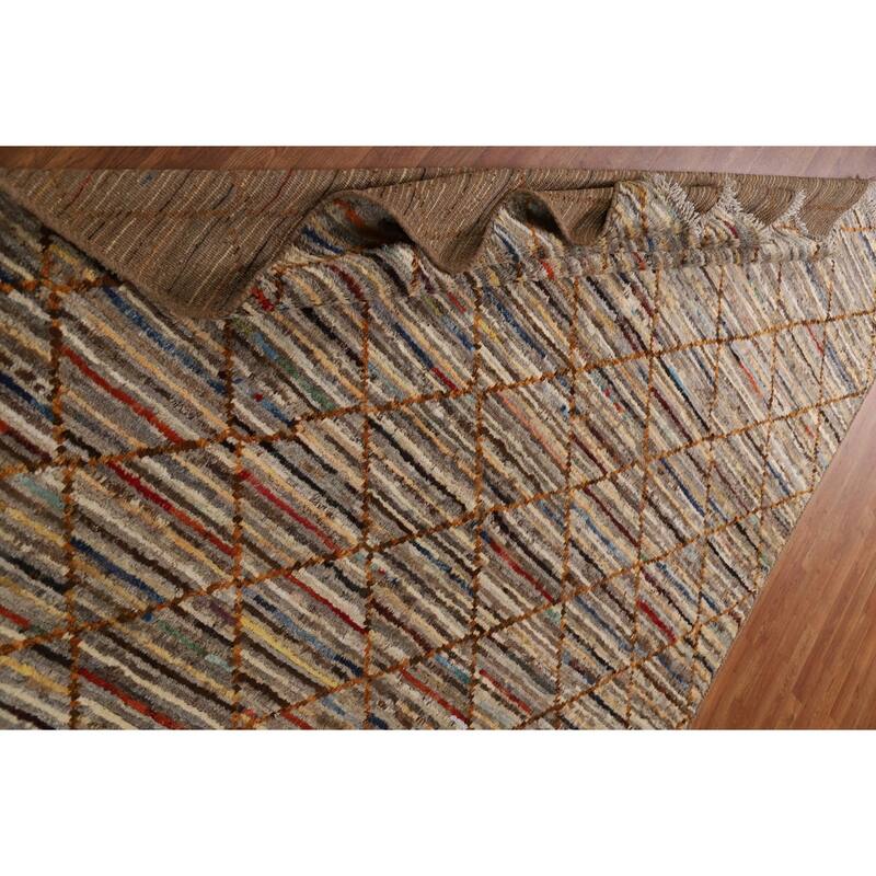 Hand Knotted Oriental 100% Wool Carpet Modern Stripe Multi-Colored Moroccan Area Rug - 9' 9'' X 6' 7''
