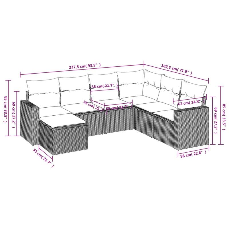 vidaXL Patio Sofa Set with Cushions Outdoor Conversation Furniture Poly Rattan - 25.8" x 24.4" x 27.2"
