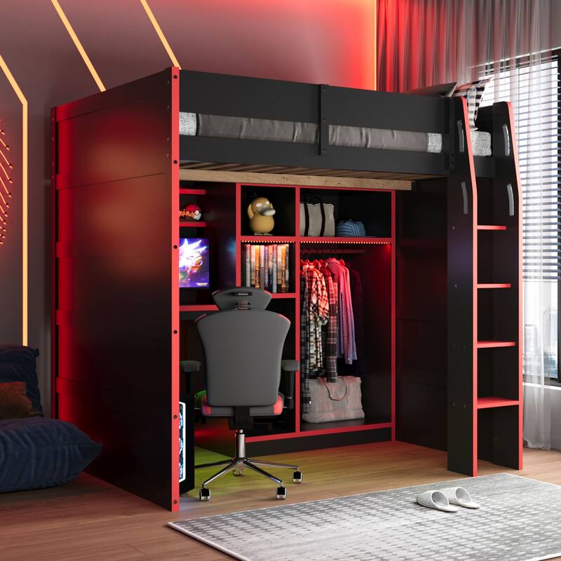 Full Size Loft Bed with Desk, RGB Lighting, Open Wardrobe, and Ample Storage - Red