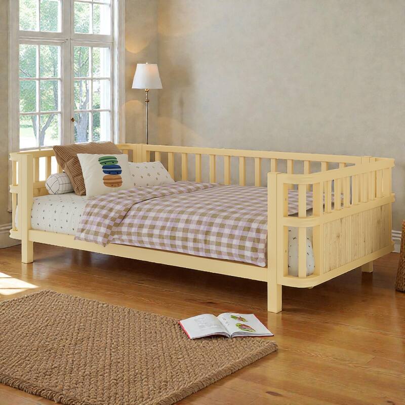 Kids Metal and Wood Platform Bed with Safety Rails, Low Profile Twin Full Children Bed for Boys and Girls