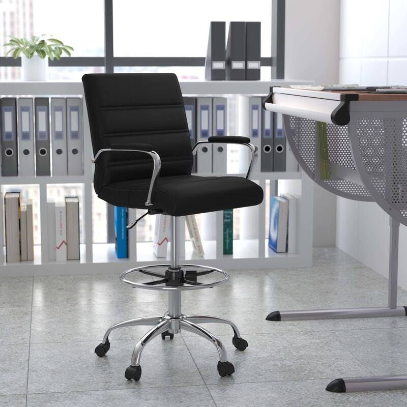 Mid-Back LeatherSoft Drafting Chair with Adjustable Foot Ring and Chrome Base - Black