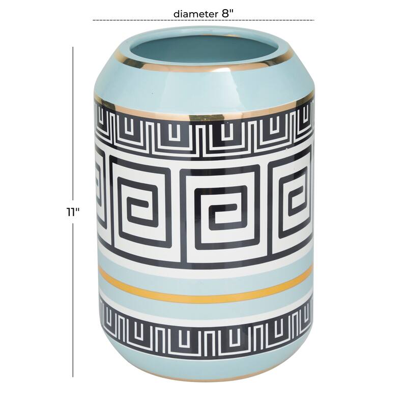 Teal Ceramic Vase Embellished with Greek Knot Pattern