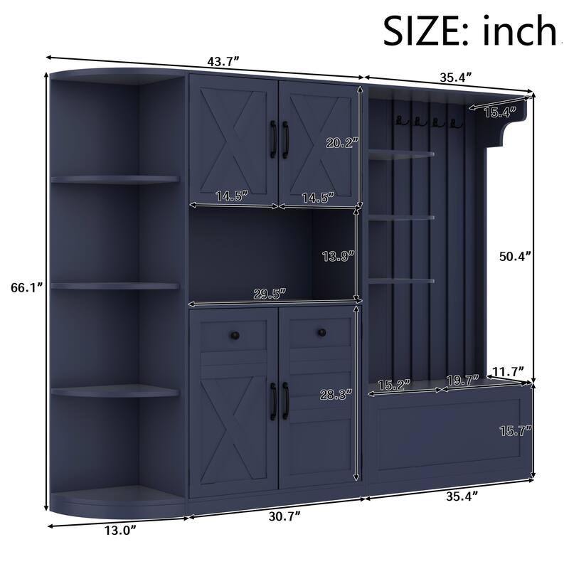 2-in-1 Hall Tree & Storage Cabinet for Living Room, Multifunctional Left-Right Combination Hall Cabinet with Bench and 4 Hooks