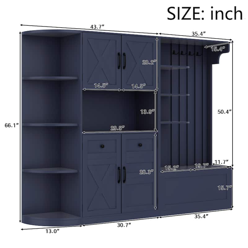 Modular Hall Cabinet & Hall Tree, Left-Right Set with 4 Hooks, L-Shape or Separate, Entryway Storage, 79.1 x 15.4 x 66.1 in