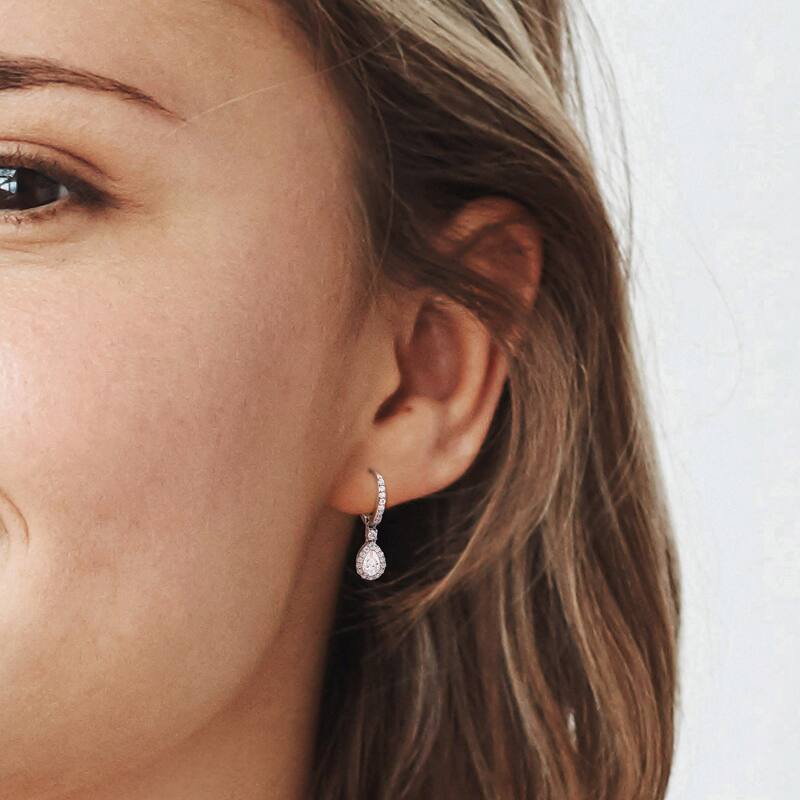 Miadora 1 3/8ct DEW Pear-cut Moissanite Halo Teardrop Dangle Leverback Earrings in Sterling Silver