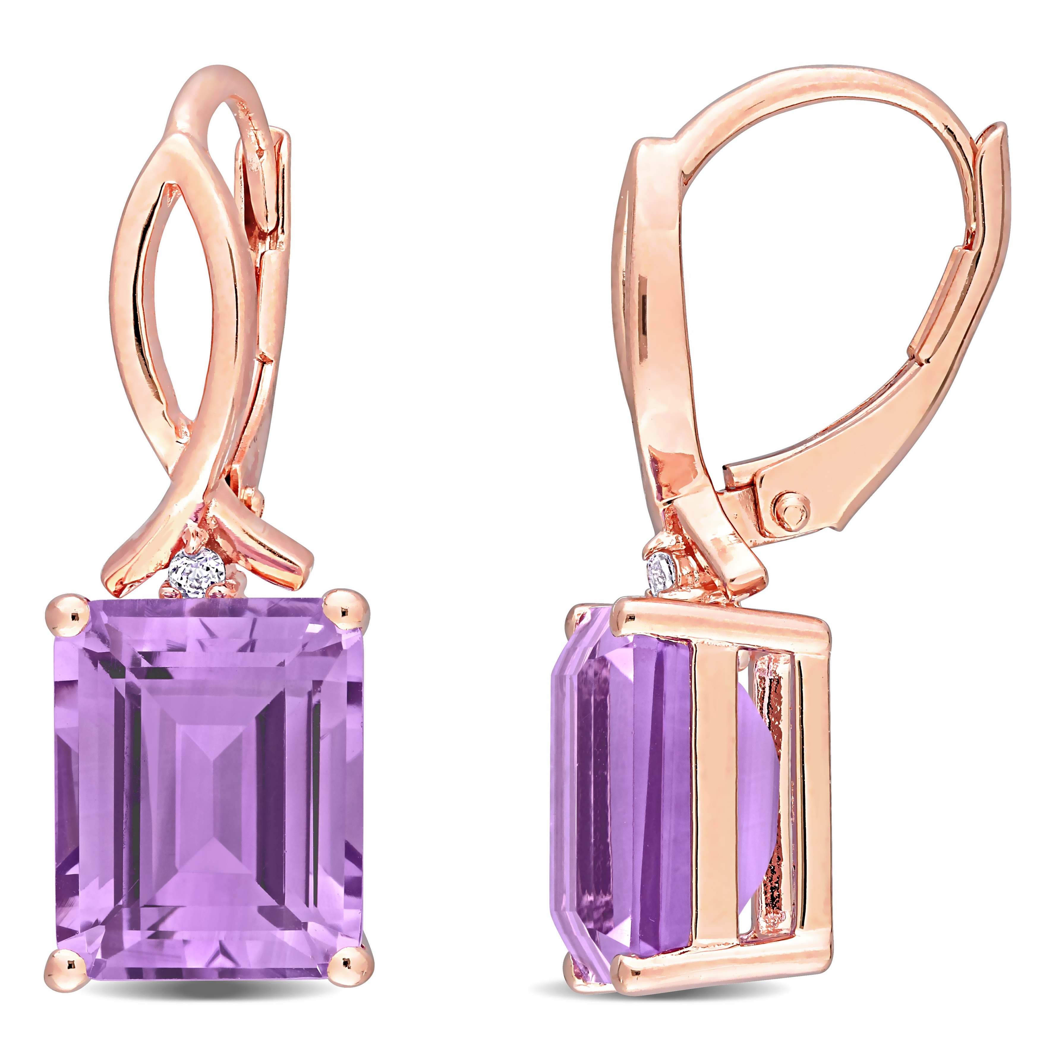 Miadora Sterling Silver Octagon-cut Rose de France & White Topaz Drop Leverback Earrings - 25.2 mm x 8.2 mm x 10.5 mm