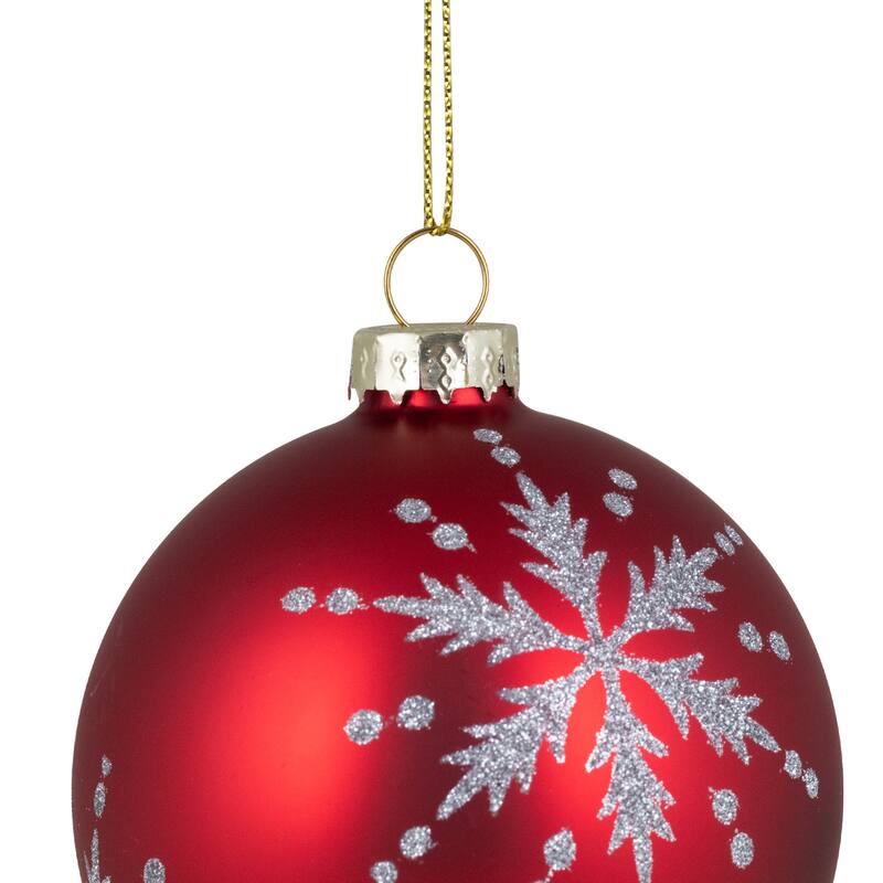 Glittered Snowflakes Matte Finish Glass Ball Christmas Ornaments - 3" (75mm) - Red - 4ct