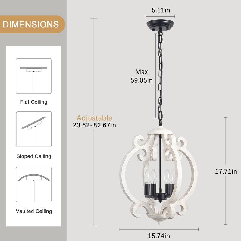4-Light Antique Wood French Country Chandelier Vintage Pendant for Dining Room