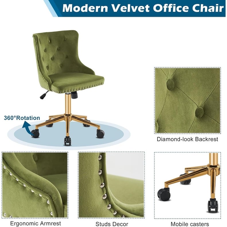 VINGLI Pink Velvet Office Chair with Wheels