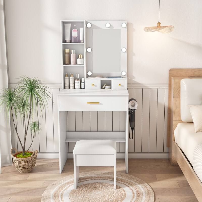 Vanity Dresser with Mirror and Stool Set Storage Drawers Luxury Furniture - White