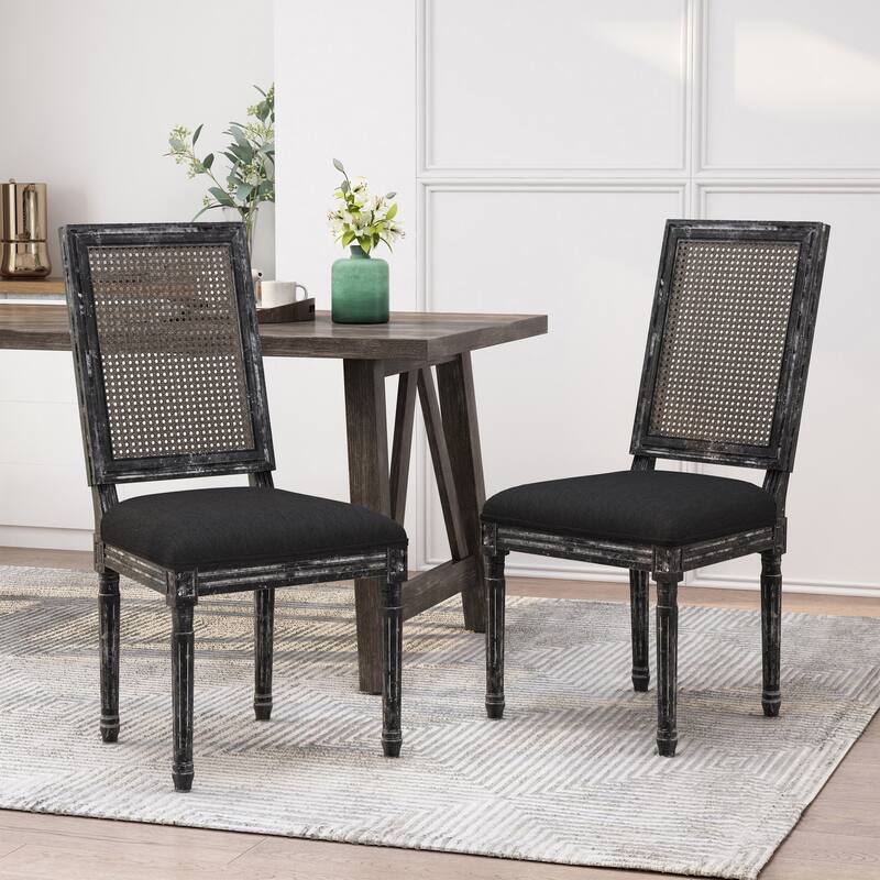 French Dining Chairs Set of 2, Rattan Farmhouse Upholstered Dining Chairs with Backrest and Wood Frame for Living Room, Kitchen - Black