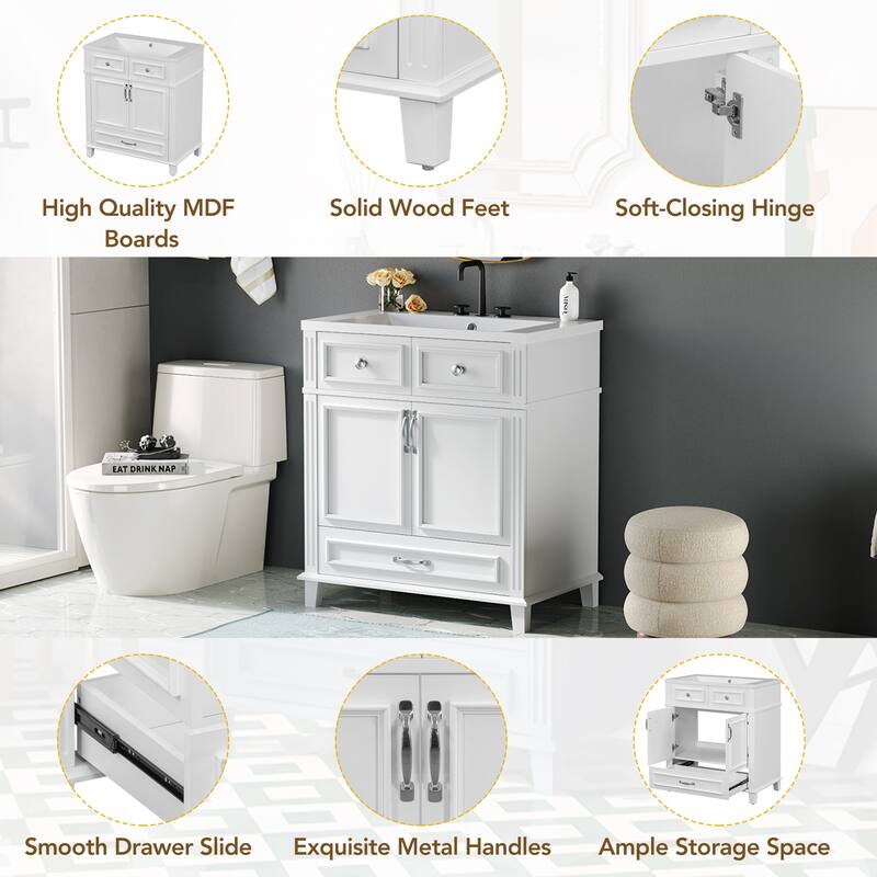 30'' Bathroom Vanity with Resin Sink,Solid Wood Frame Bathroom Storage Cabinet with 2 Soft Closing Doors and 1 Storage Drawer