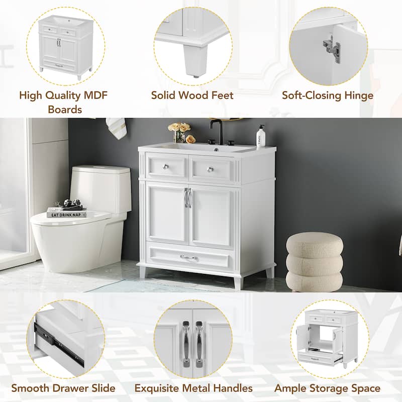 30 Inch Freestanding Bathroom Vanity with Resin Top, Solid Wood & MDF Cabinet, Vintage Design, 1 Drawer 2 Doors