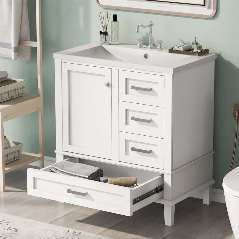 GDFStudio - Hera 30" Vanity Modern Bathroom Cabinet with Resin Sink, 1 Door and 3 Drawers