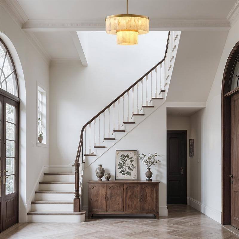 Elegant layered alabaster chandelier with natural stone panels