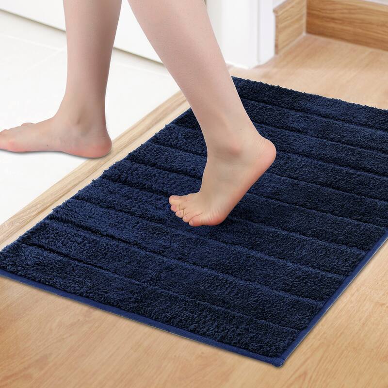 Soft Stripe Bathroom Rug, Rubber Backing Quick Dry Microfiber Rugs Non Slip Absorbent Mat for Shower Floor, Bath Decor - Blue