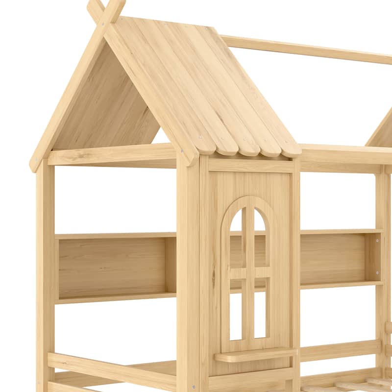 Charming House Bed for Girls, Boys Low Platform Bed Frame with Under-bed Drawers, Storage Shelves, Window and Roof