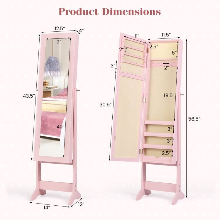Mirrored Standing Jewelry Cabinet Storage Box - 13" x 14.5" x 56" (L x W x H)