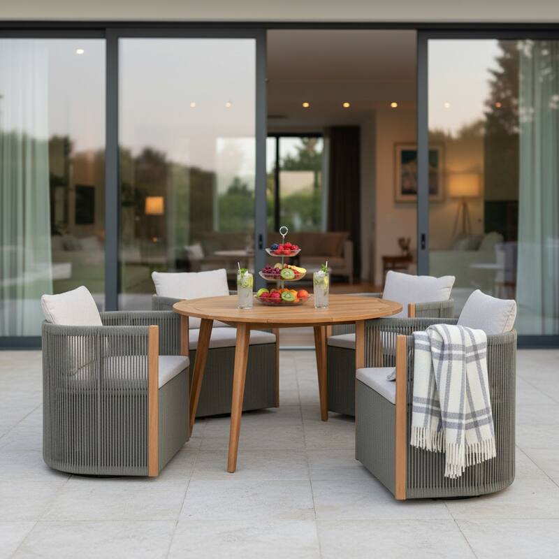 Christopher Knight Home - Nola 5-Piece Outdoor Acacia Wood Swivel Dining Set with Woven Rope Chairs & 47.25" Round Slat Table