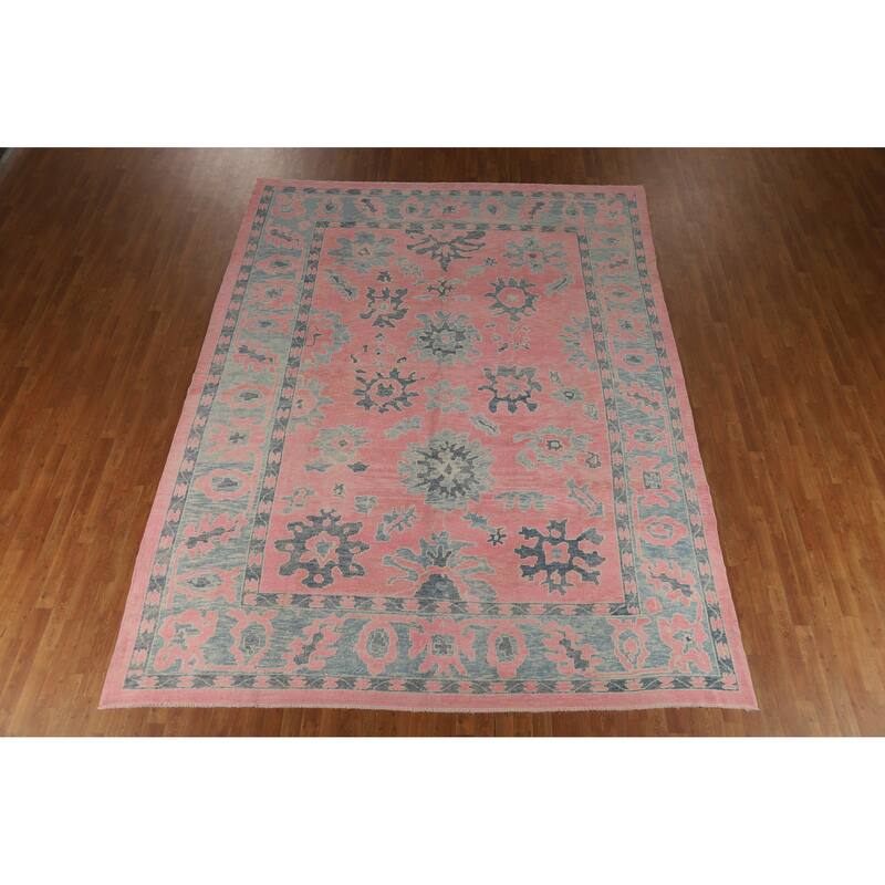 Hand Knotted Oriental 100% Wool Carpet Transitional All-Over Pink Oushak Area Rug - 12' 5'' X 9' 5''