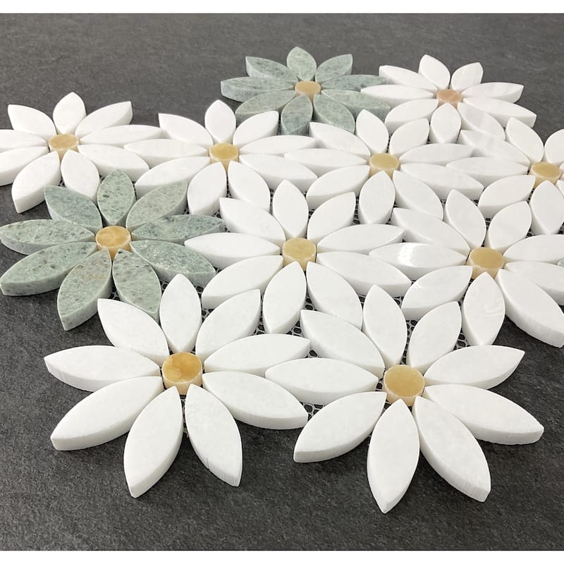 Natural Marble Daisy Flower Pattern Mosaic Wall & Floor Tile - 1 Case (10 Sheets)