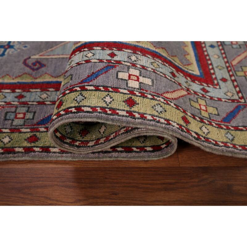 Gray Geometric Kazak Foyer Rug Handmade Oriental Wool Carpet - 3'4" x 5'5"