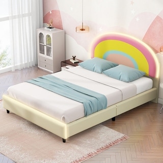 Upholstered Platform Bed with Rainbow Shaped and Headboard, Full Size