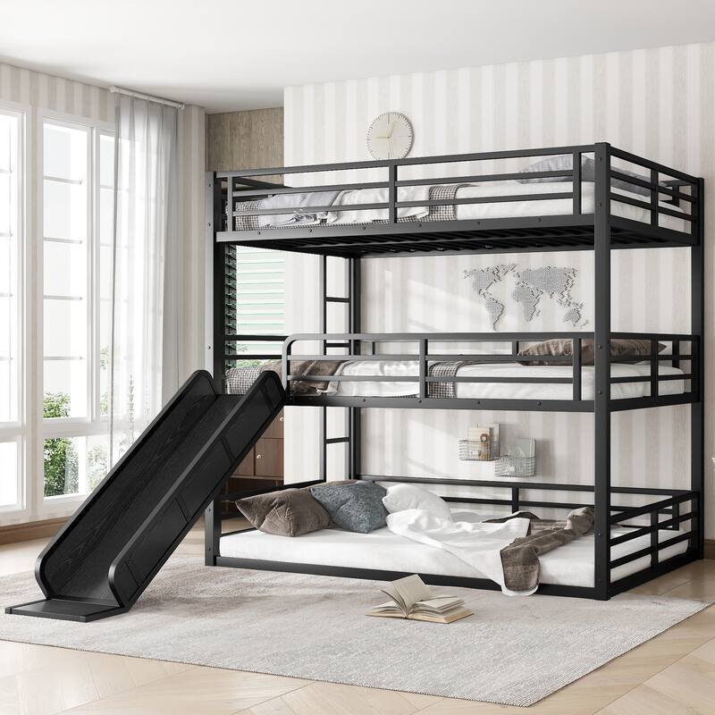 Full over Full over Full Bunk Bed with Slide, Metal Triple Bunk Bed with Safety Guardrails, Heavy-duty Bunk Bed