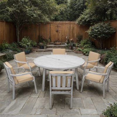 7 Piece Outdoor Wood Dinning Set w/ Umbrella Hole,Removable Cushions