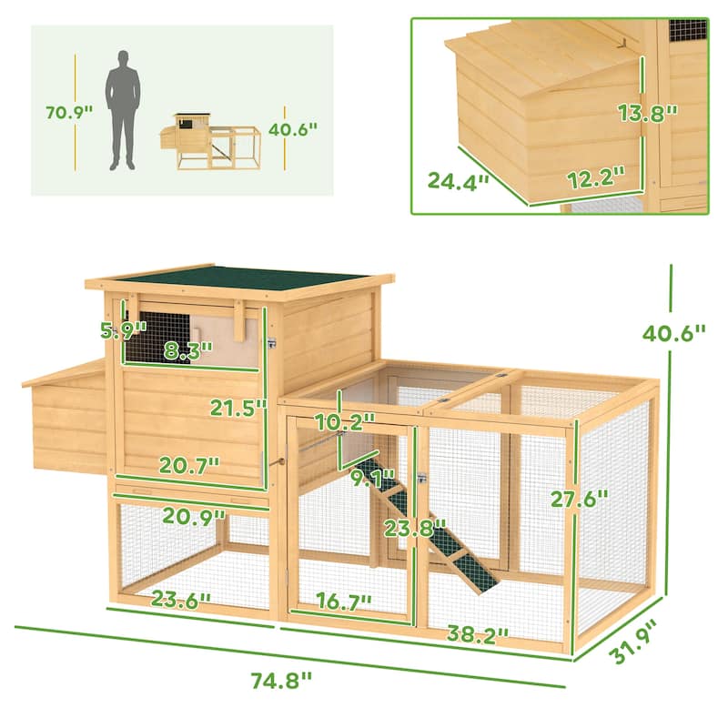 Wooden Chicken Coop with Nesting Box, Removable Tray, Ramp Run, Natural Wood