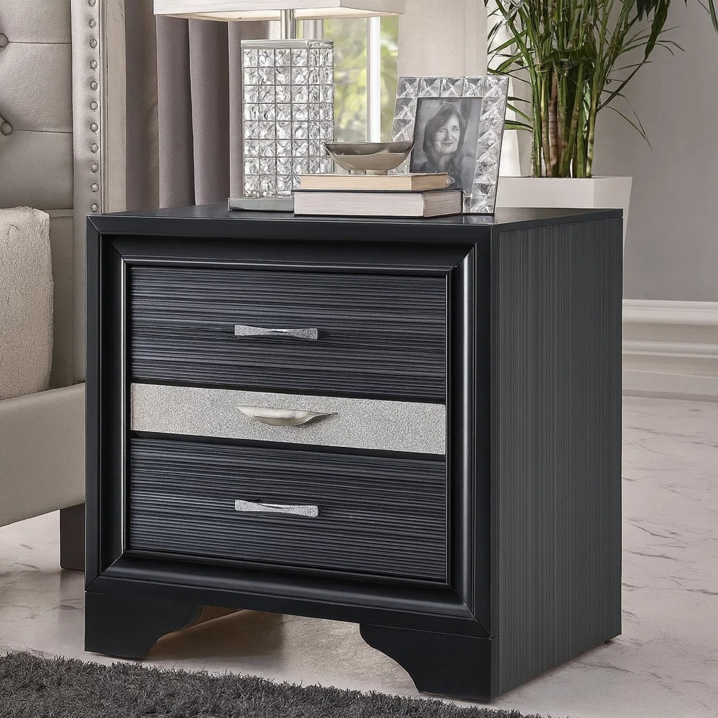Two Tone Wooden Nightstand With Three Drawers, Black And Silver