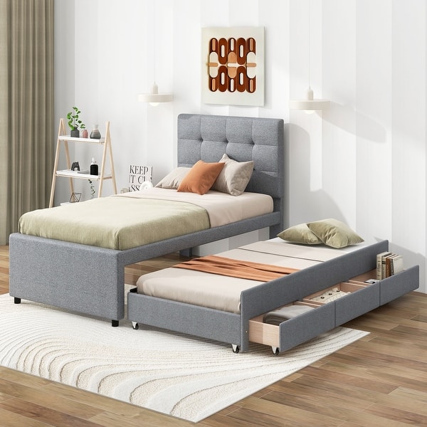 slide 2 of 23, Modern and Timeless Twin Size Upholstered Platform Bed with Pull-out Twin Size Trundle and 3 Drawers Gray