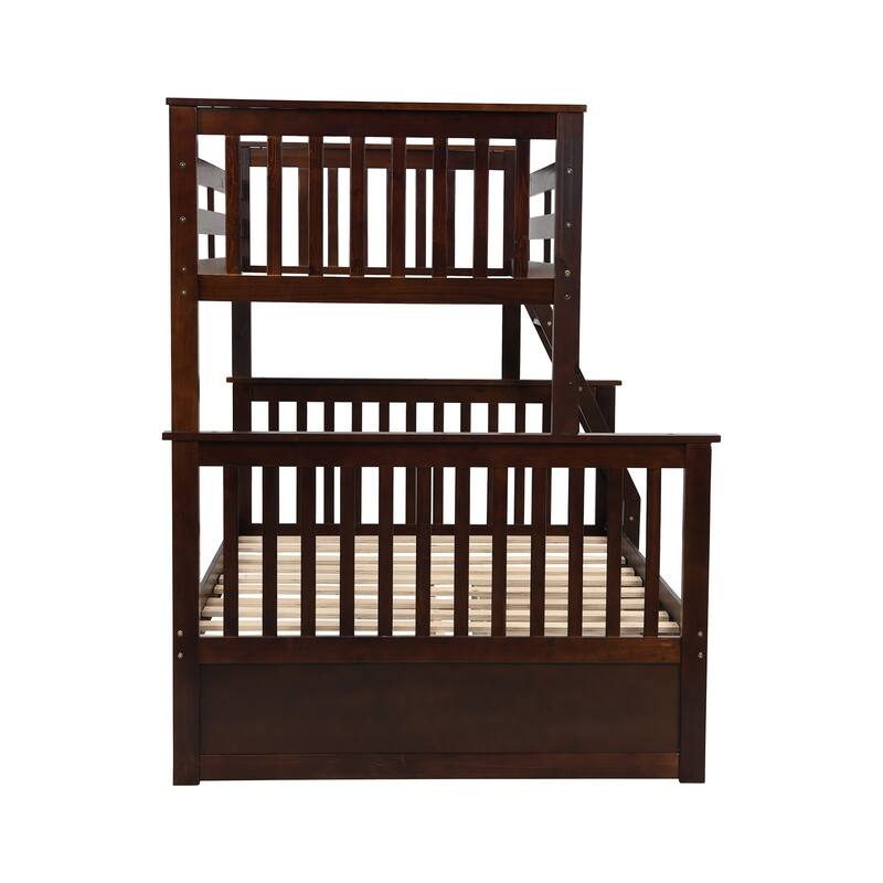 Twin Over Full Bunk Bed with Storage Drawers, Wooden Bunk Bed with Ladder and Safety Guard Rails -Espresso