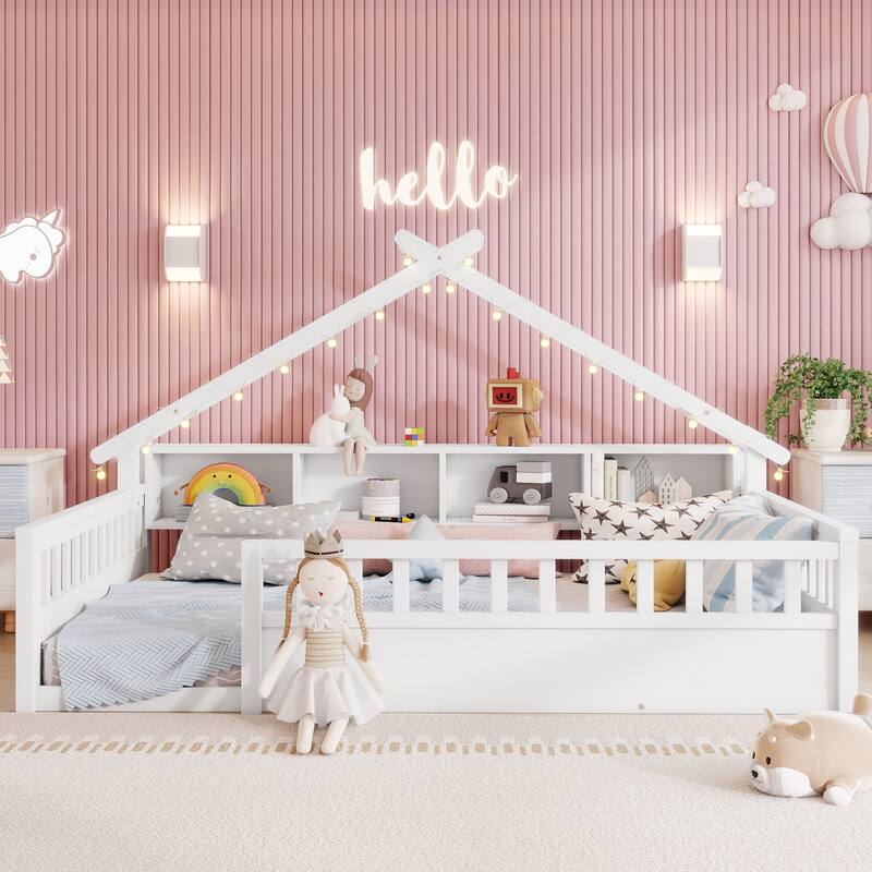 Floor Bed House Bed Frame with Storage Shelf Safety Guardrails