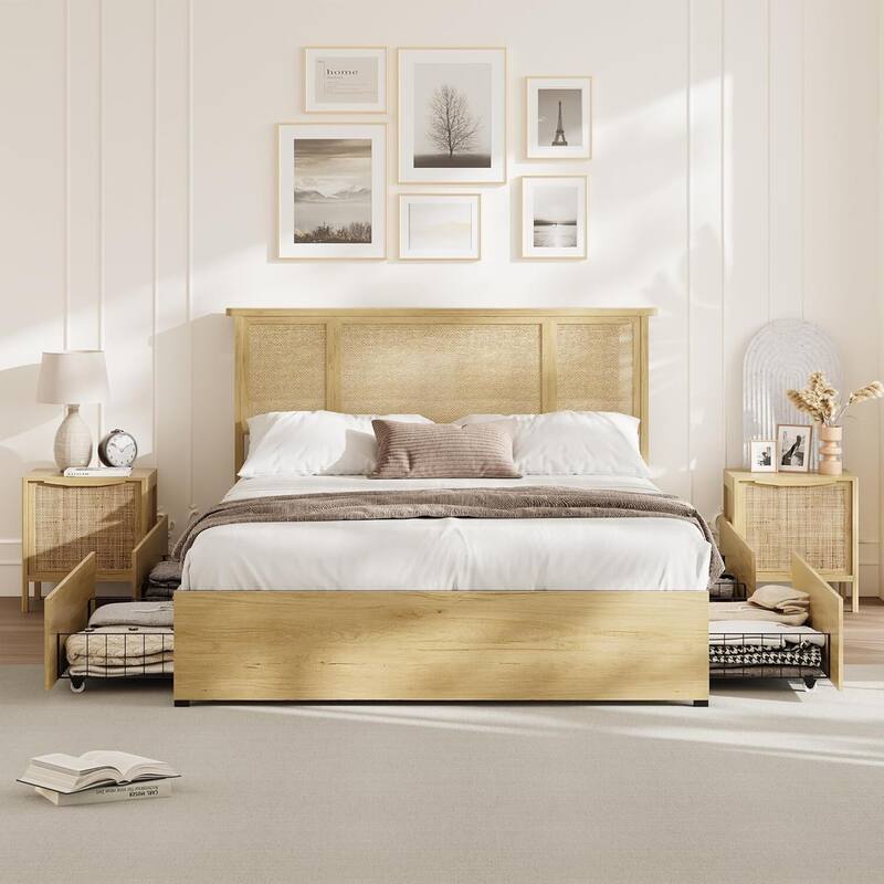 Boho-Style Platform Bed Frame with Natural Rattan Headboard, 4 Drawers, No Box Spring Required - Queen