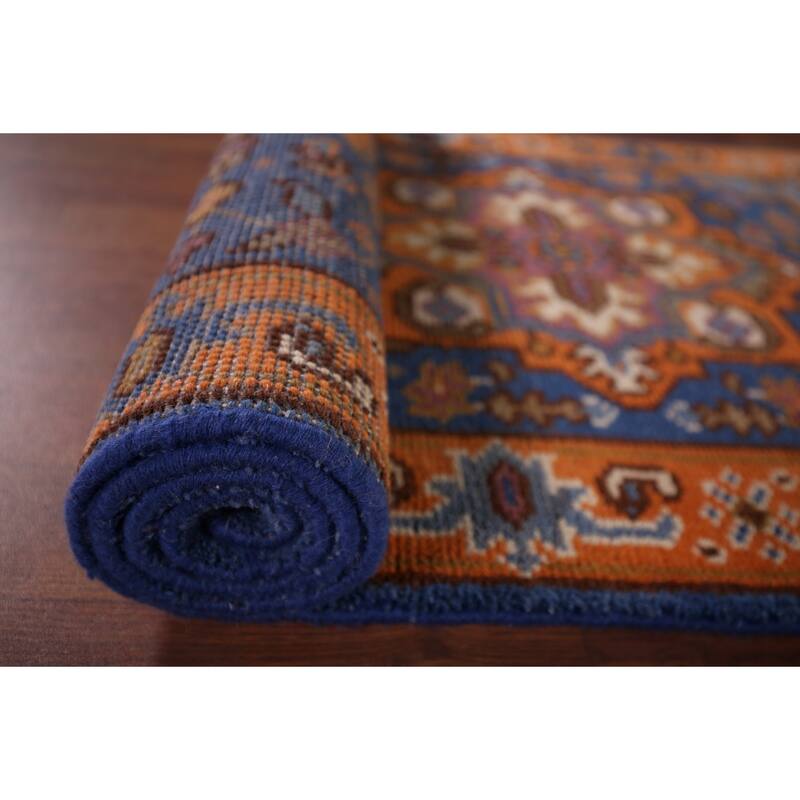 Blue & Orange Geometric Kazak Foyer Rug Hand-Knotted Wool Carpet - 2'6"x 6'0"