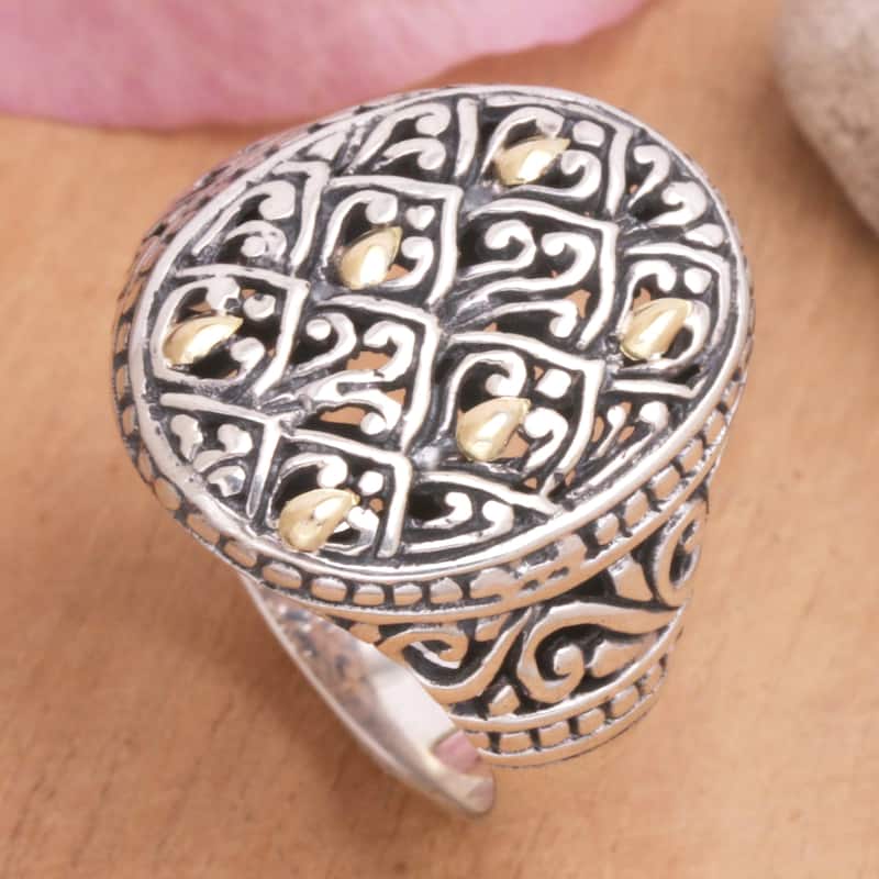 Novica Handmade Rice Terrace Gold-Accented Signet Ring - Silver