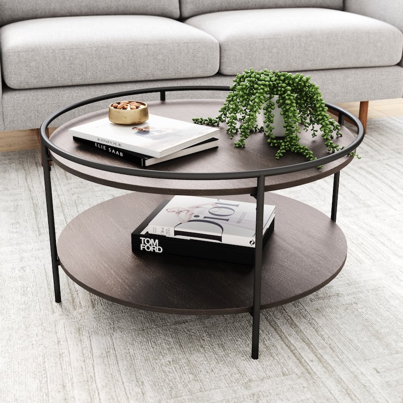 Nathan James Paloma Round Coffee Table Tray Top Edge, Oak/Black