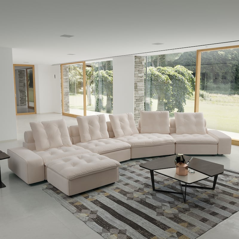 211.77" Down Filled Curved Sectional Sofa Oversized 4 Seater with Ottoman for Living Room Set - Beige