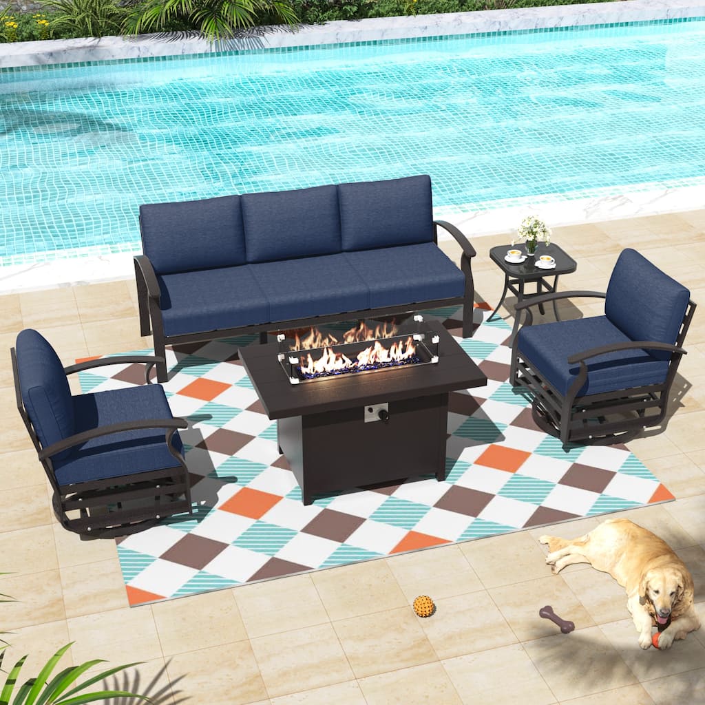 Aluminum Patio Outdoor Sectional Sofa Set with Fire Pit, Swivel Rocking Chairs and Ottomans
