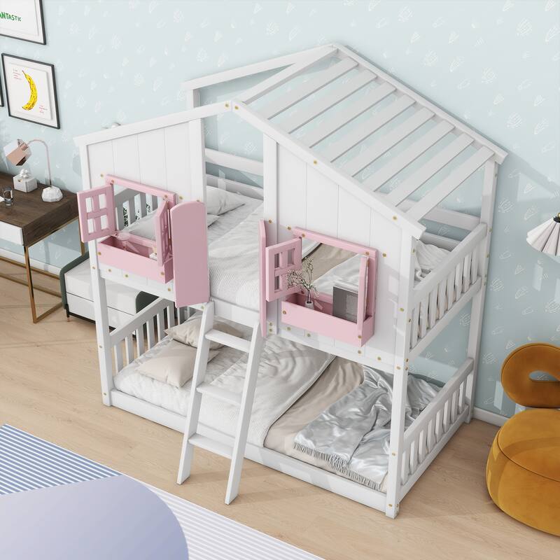 Pink/White Twin Over Twin House Bunk Bed with Roof, Window, Door, Safety Guardrails, and Ladder