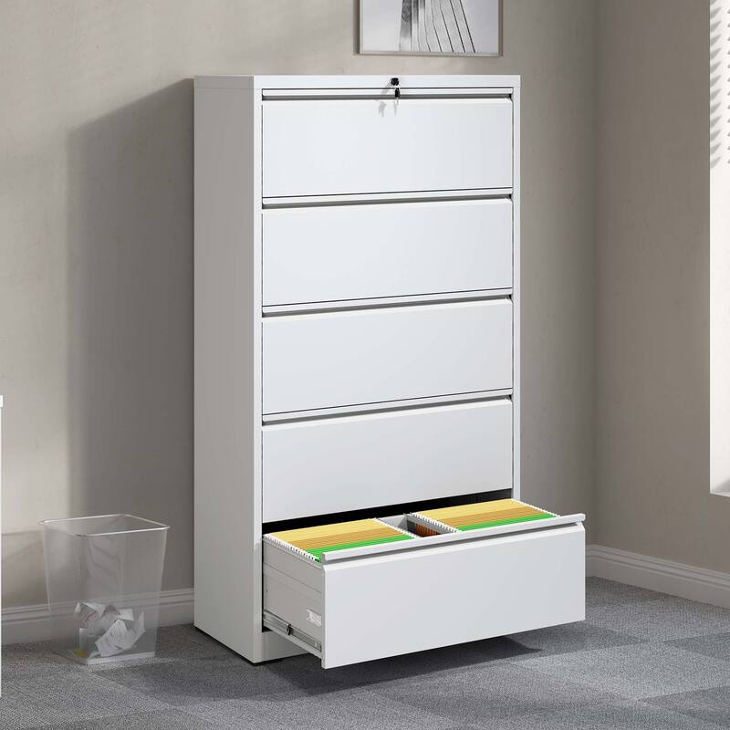5 Drawer Metal Lateral File Cabinet with Lock for Legal/Letter/A4/F4 - White