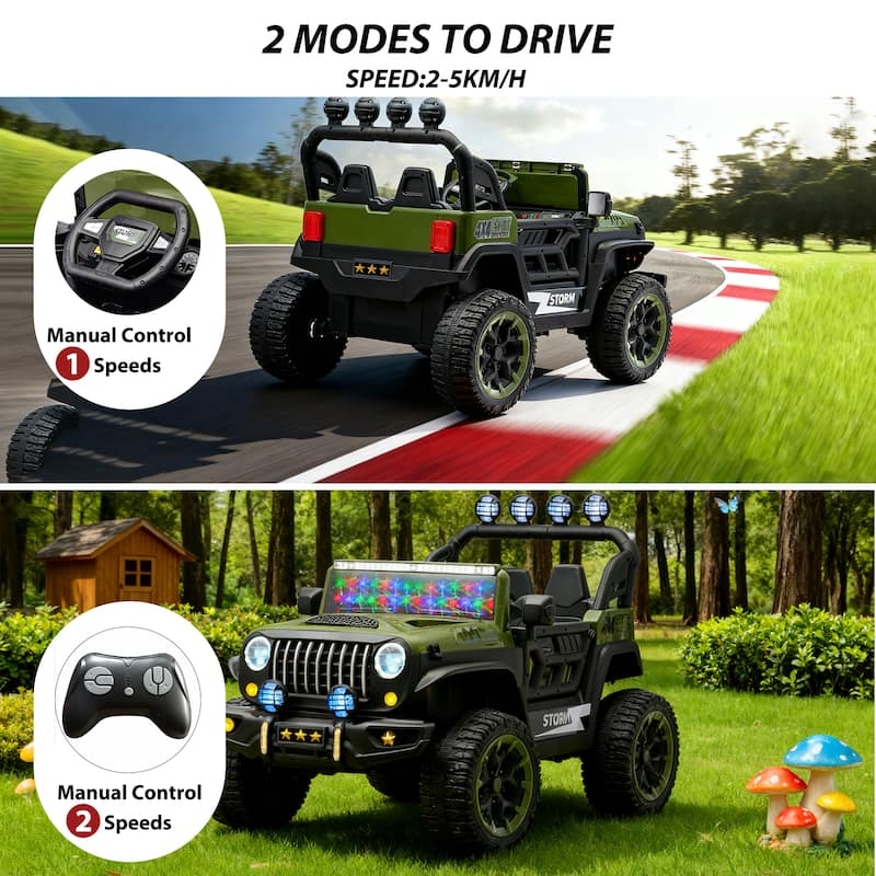 24V 2-Seater Kids Electric Ride-On with Remote Control, Army Green, 4WD & LED Lights - Green